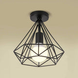 Vintage Geometric Black Metal Cage Flush Mount LED Ceiling Light for Hallways and Kitchens