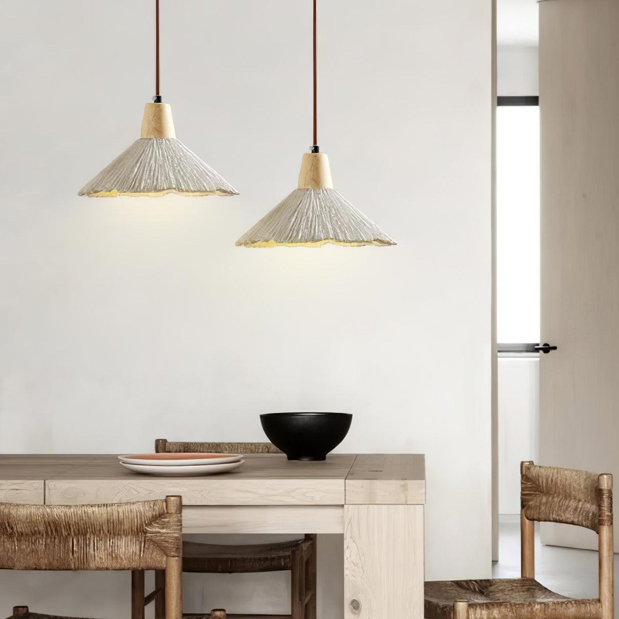 Pleated Concrete Pendant Light with Wood Accents for Modern Dining and Kitchen Decor
