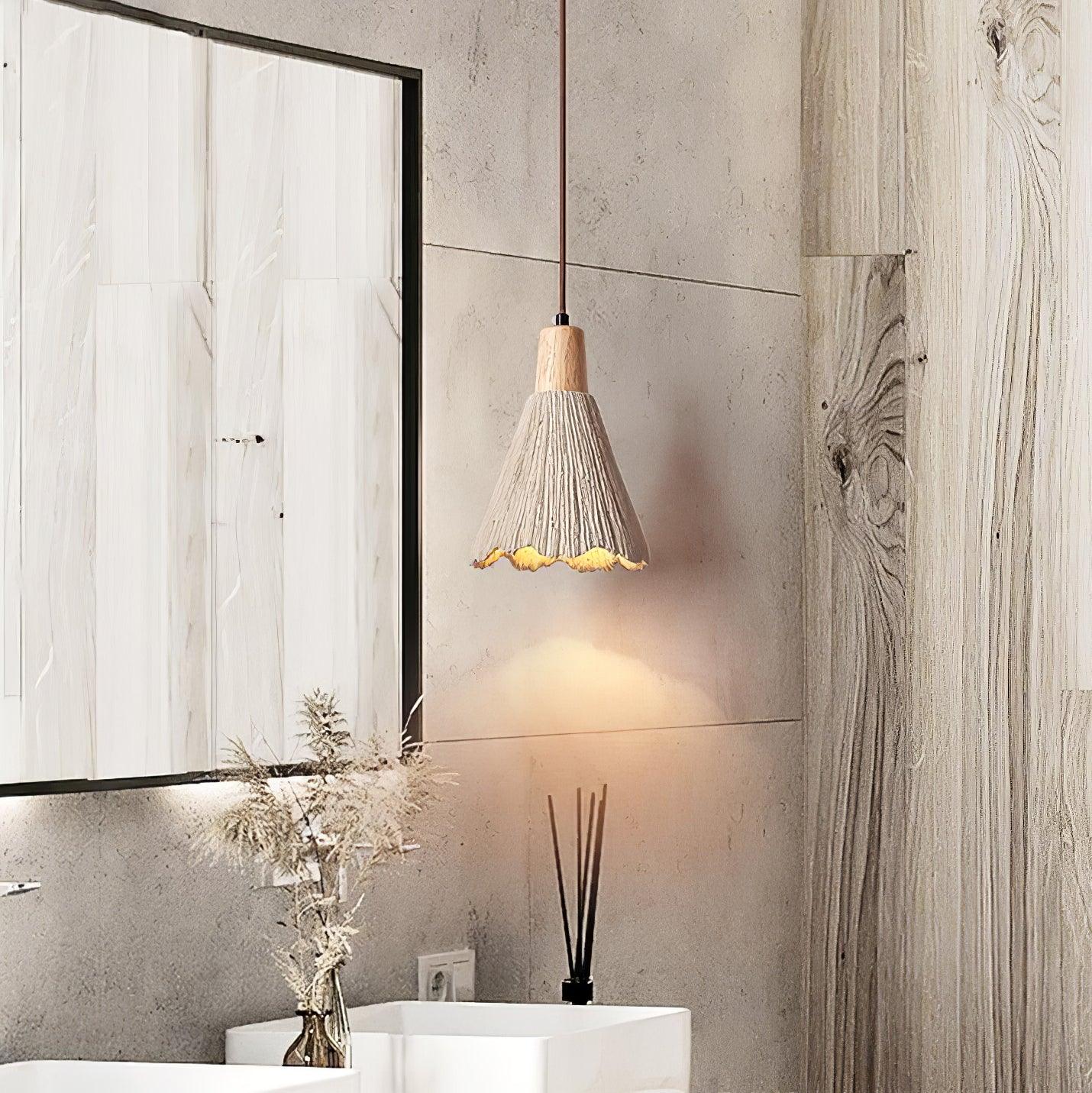 Pleated Concrete Pendant Light with Wood Accents for Modern Dining and Kitchen Decor