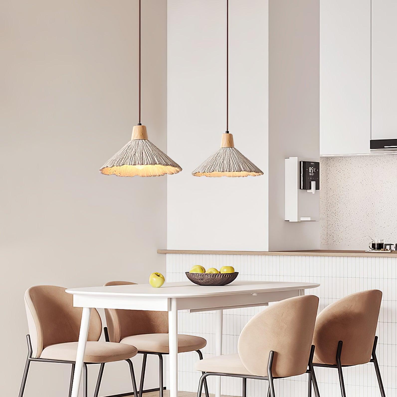 Pleated Concrete Pendant Light with Wood Accents for Modern Dining and Kitchen Decor
