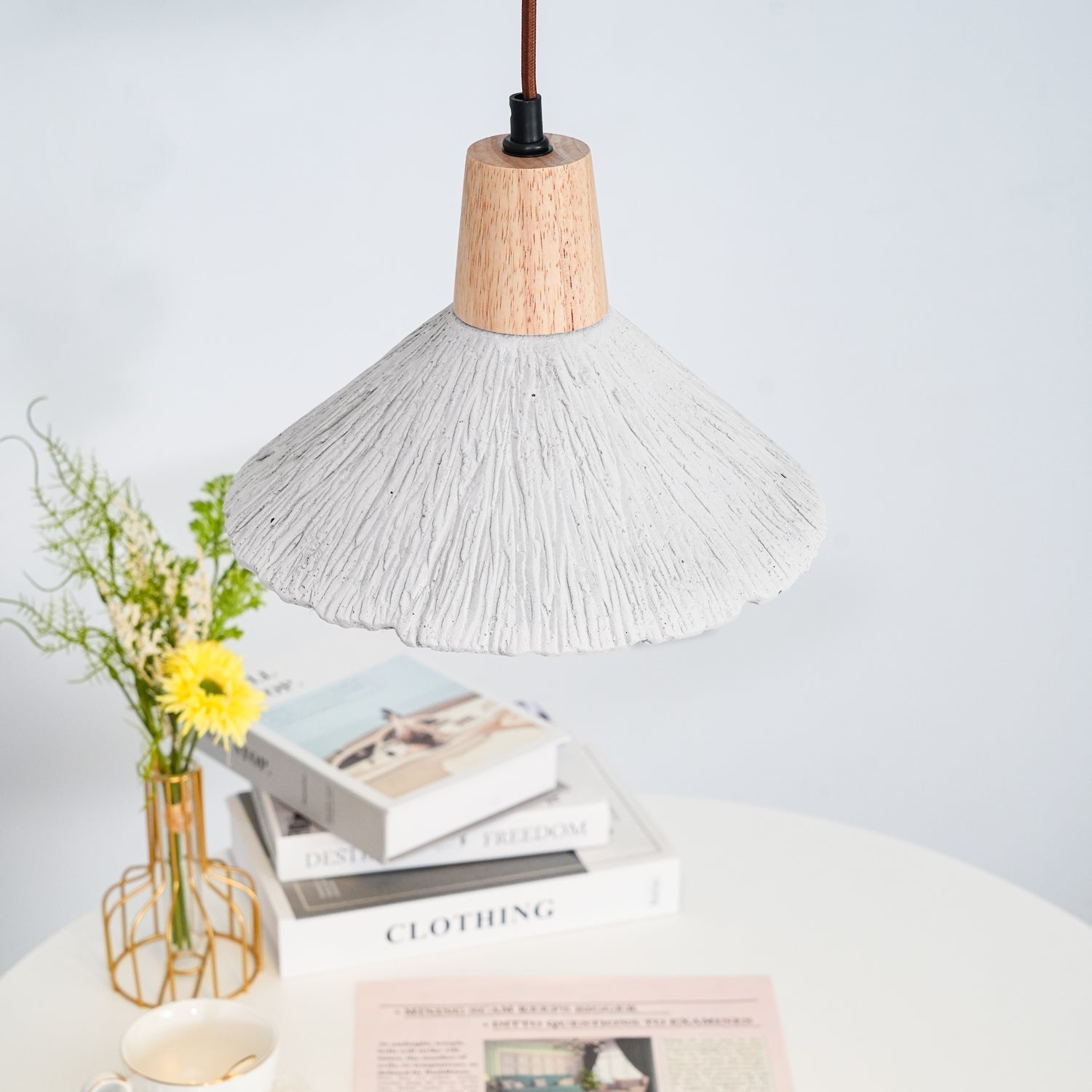Pleated Concrete Pendant Light with Wood Accents for Modern Dining and Kitchen Decor
