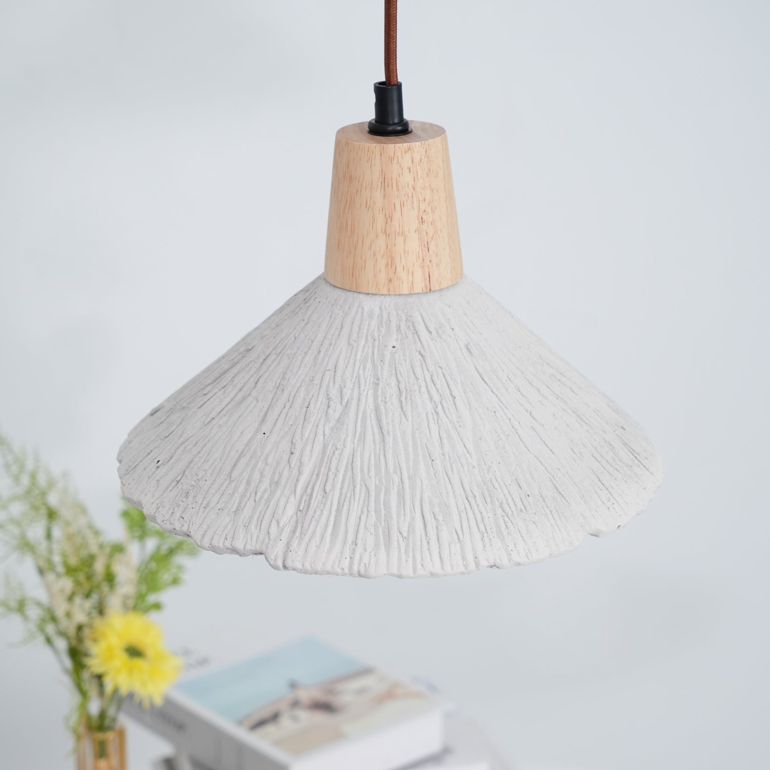 Pleated Concrete Pendant Light with Wood Accents for Modern Dining and Kitchen Decor