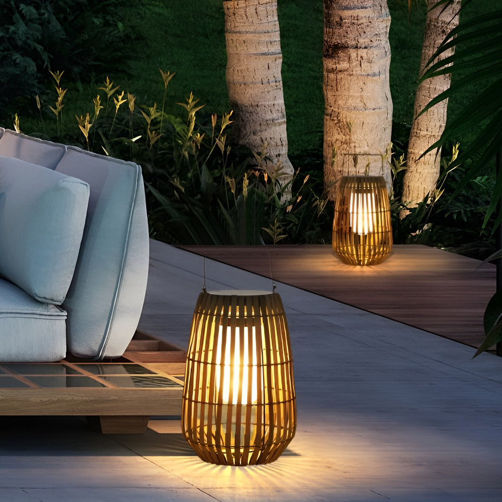 Portable Rattan Solar Outdoor Lantern Waterproof LED Decorative Garden Light with Handle