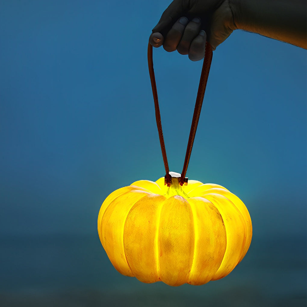 Portable Resin Pumpkin LED Outdoor Lantern with USB Charging and Leather Handle for Garden Decor
