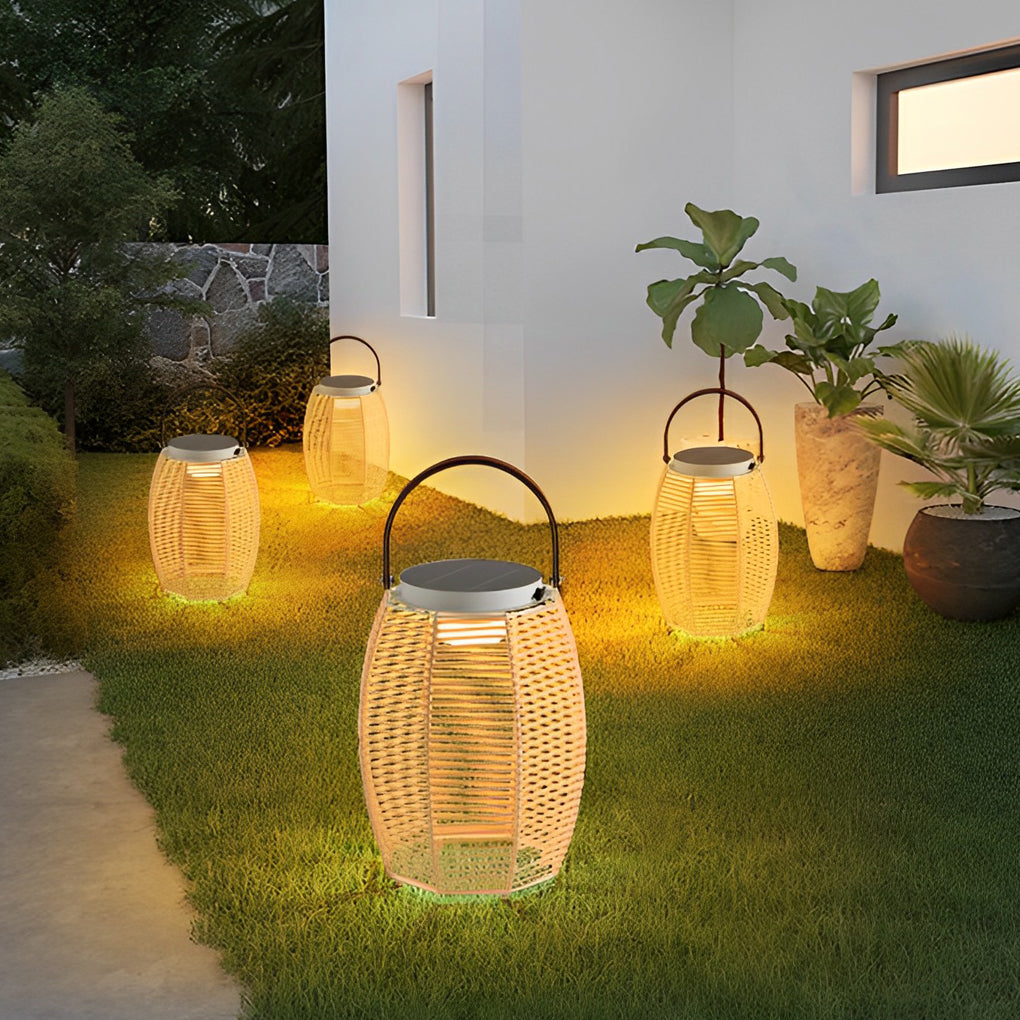 Portable Woven Rattan Solar Lantern Waterproof Outdoor LED Garden Floor Lamp with Handle