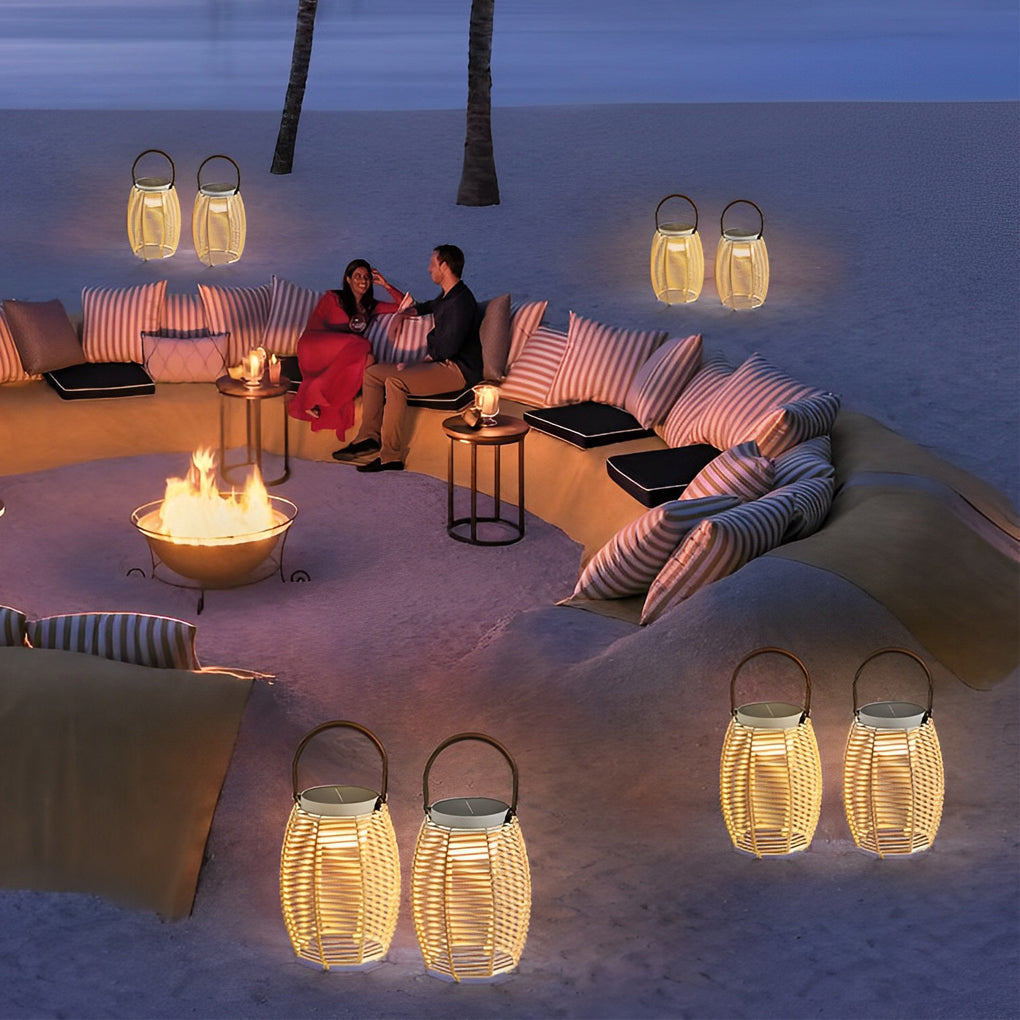 Portable Woven Rattan Solar Lantern Waterproof Outdoor LED Garden Floor Lamp with Handle