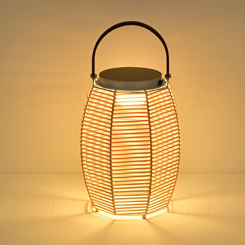 Portable Woven Rattan Solar Lantern Waterproof Outdoor LED Garden Floor Lamp with Handle