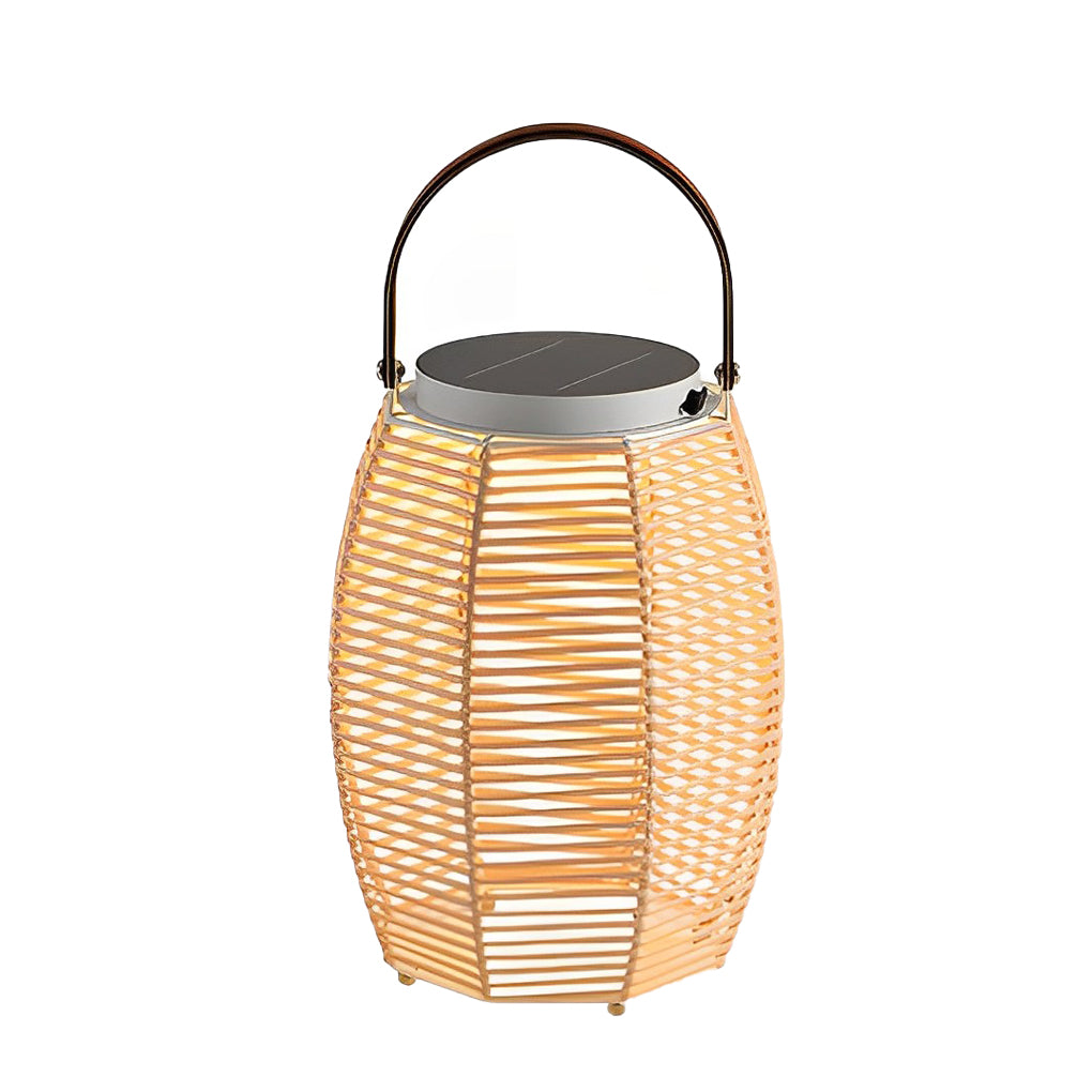 Portable Woven Rattan Solar Lantern Waterproof Outdoor LED Garden Floor Lamp with Handle