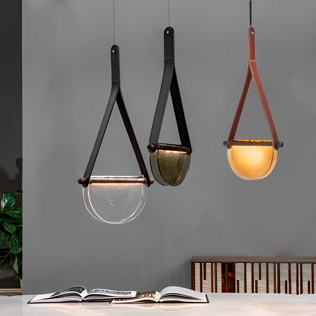 Post Modern Folded Semicircular Glass LED Pendant Light with Decorative Belt and Textured Shade