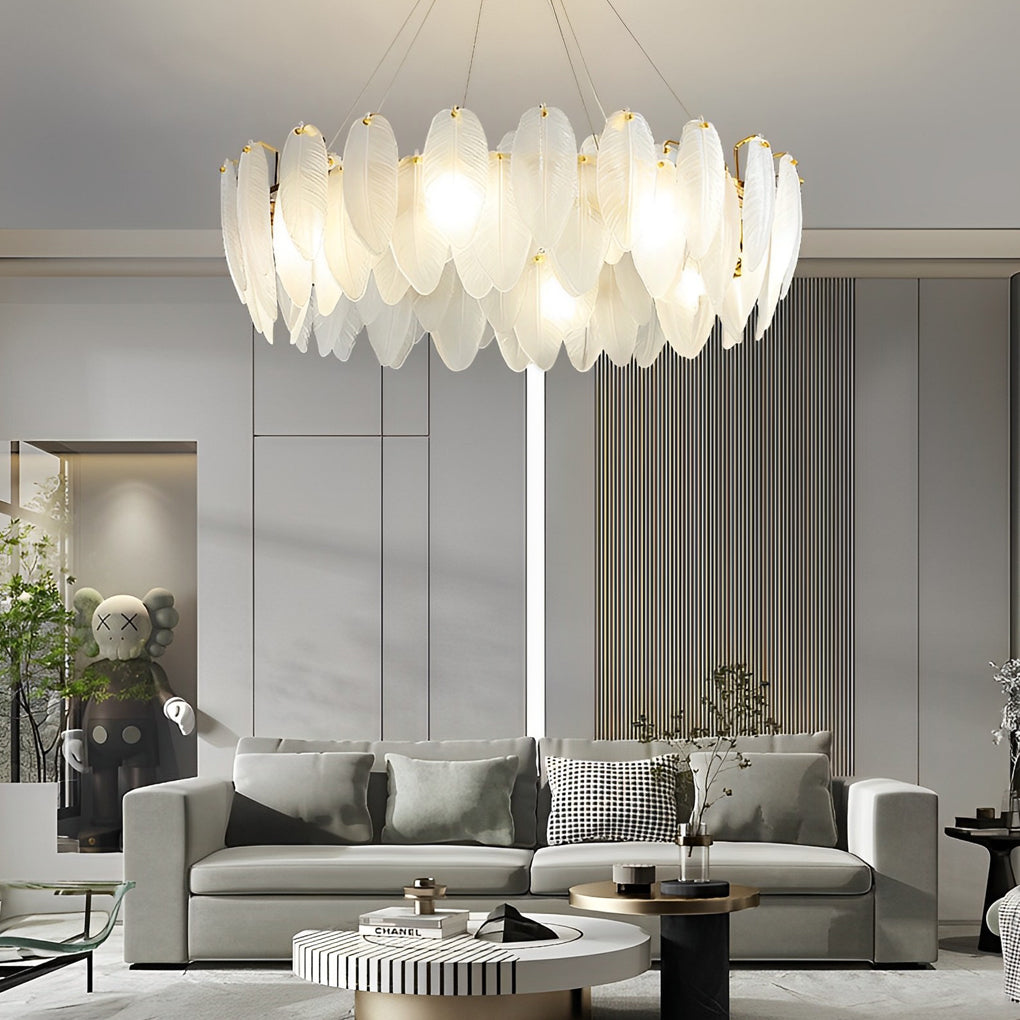 Post Modern Glass Feather Chandelier with Three Step Dimming for Dining Room and Living Room Decor