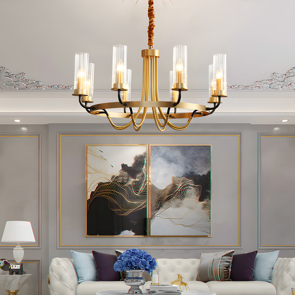 Postmodern Black Wagon Wheel Chandelier with Glass Candlelight Shades for Living and Dining Rooms