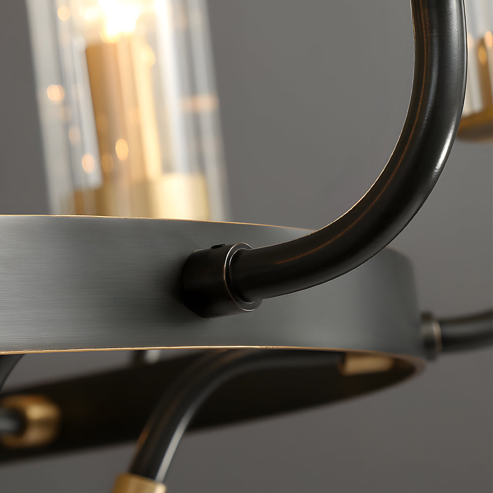 Postmodern Black Wagon Wheel Chandelier with Glass Candlelight Shades for Living and Dining Rooms