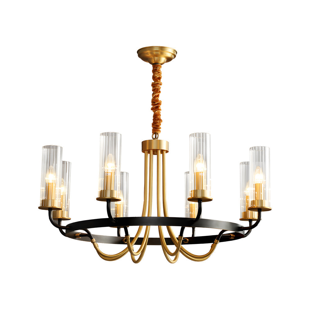 Postmodern Black Wagon Wheel Chandelier with Glass Candlelight Shades for Living and Dining Rooms