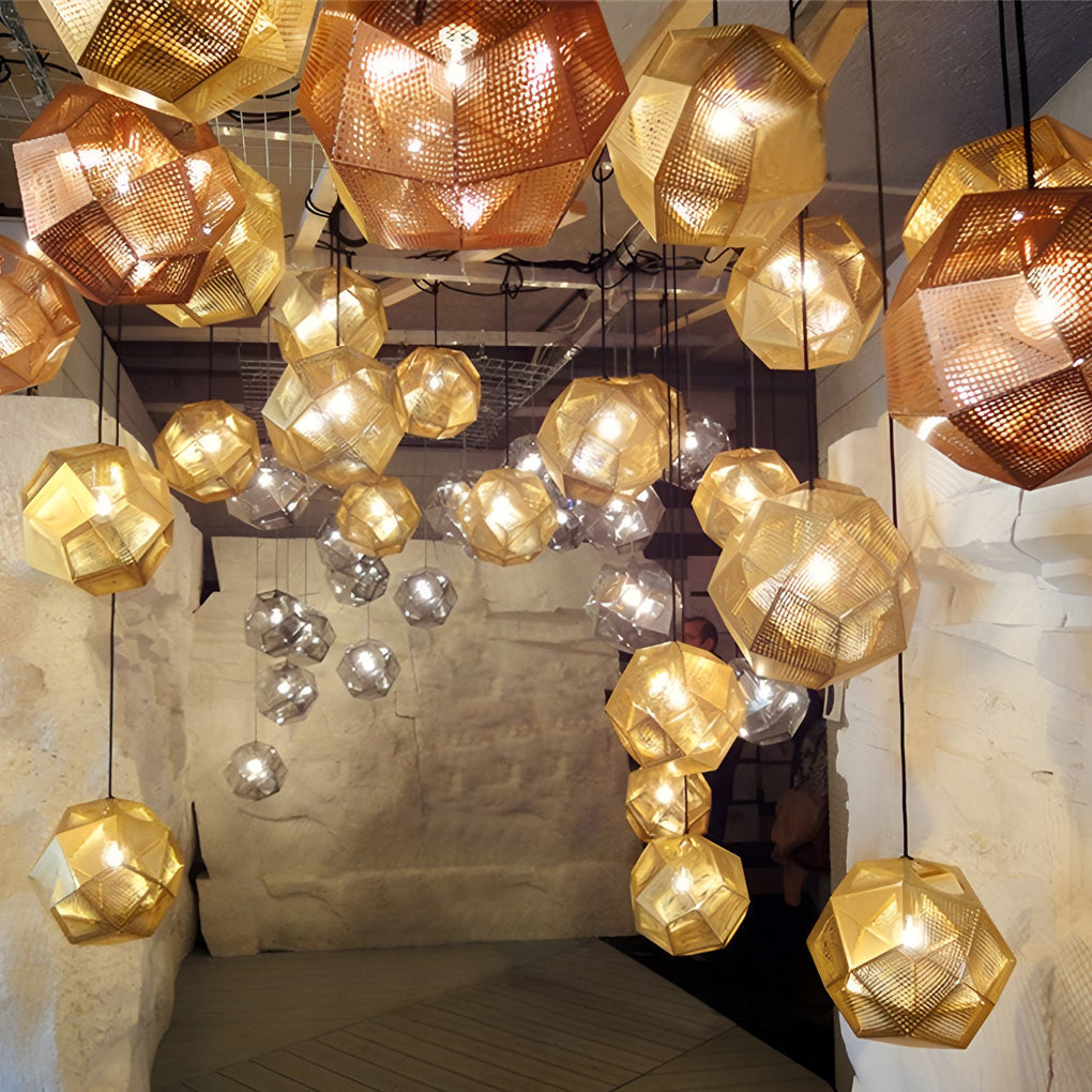 Postmodern Electroplated Round Metal Chandelier Geometric Hollow Hanging Ceiling Light