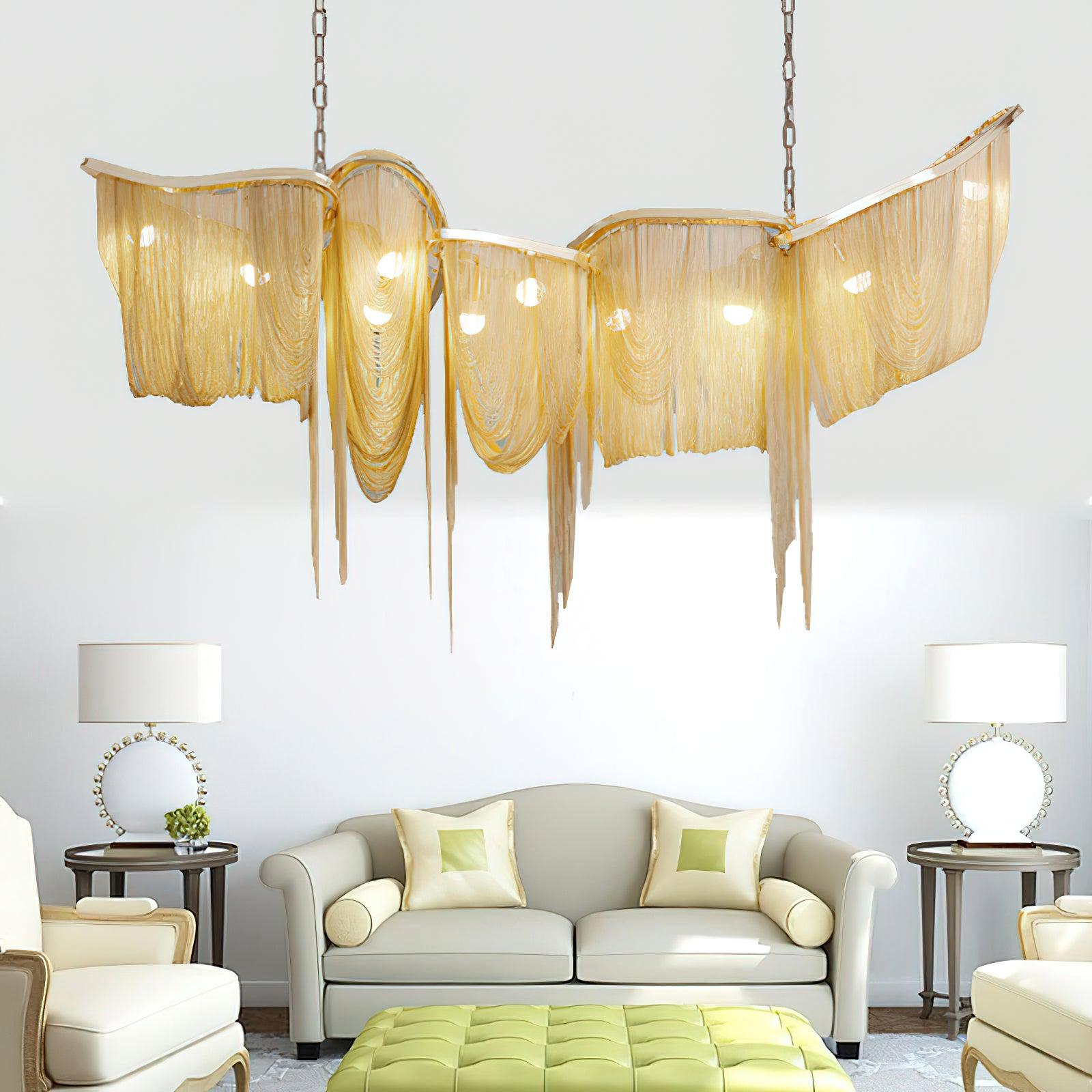 Postmodern Rectangular Tassel Chandelier Luxury LED Ceiling Light for Dining Room and Living Area