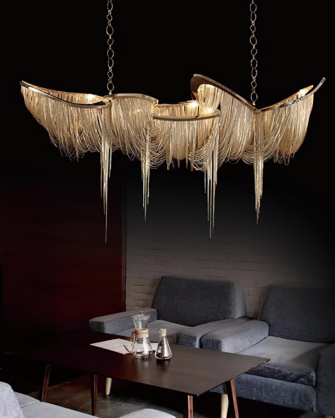 Postmodern Rectangular Tassel Chandelier Luxury LED Ceiling Light for Dining Room and Living Area