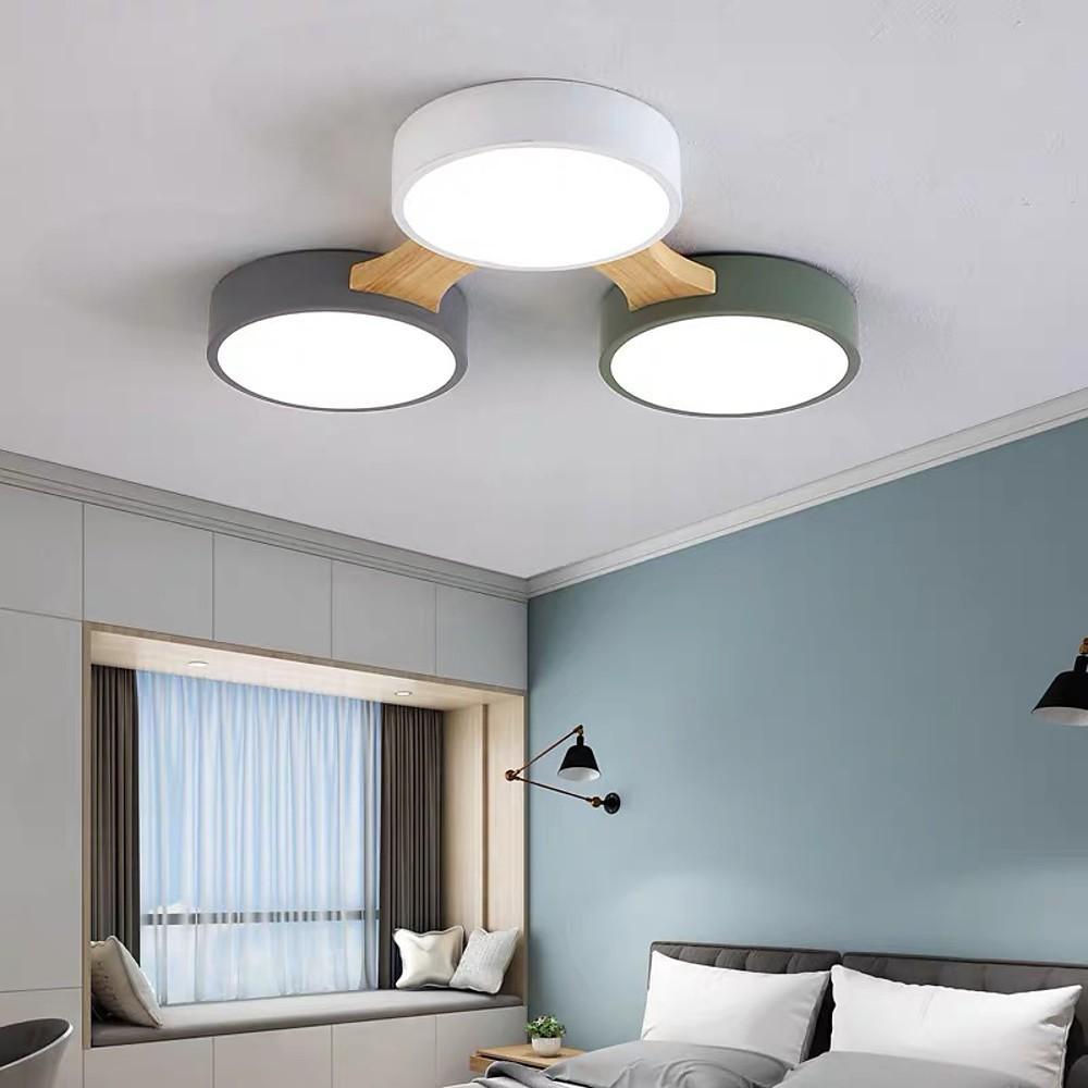 Modern Geometric Wood LED Flush Mount Ceiling Light with Dimmable Circular 5 Light Design