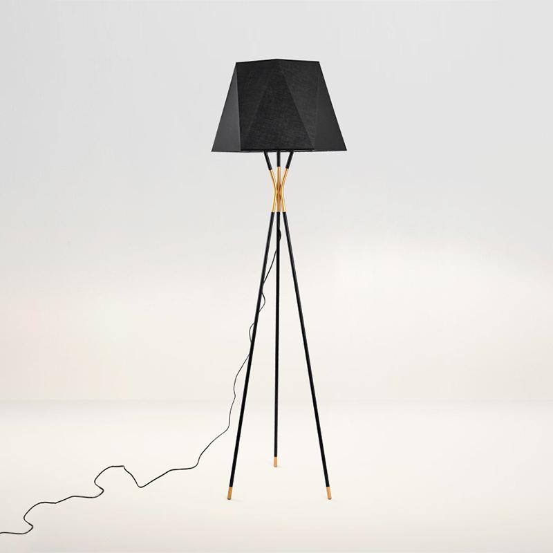 modern-solitaire-tripod-floor-lamp-with-black-polygonal-cloth-shade-and-brass-accents