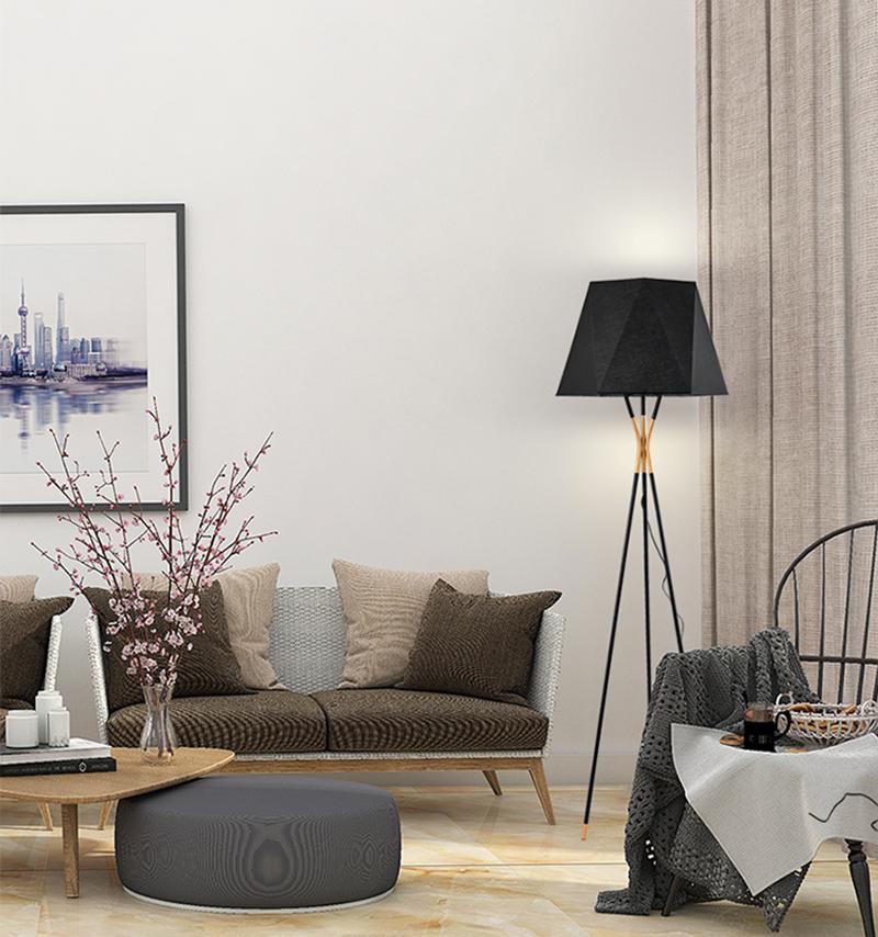 modern-solitaire-tripod-floor-lamp-with-black-polygonal-cloth-shade-and-brass-accents