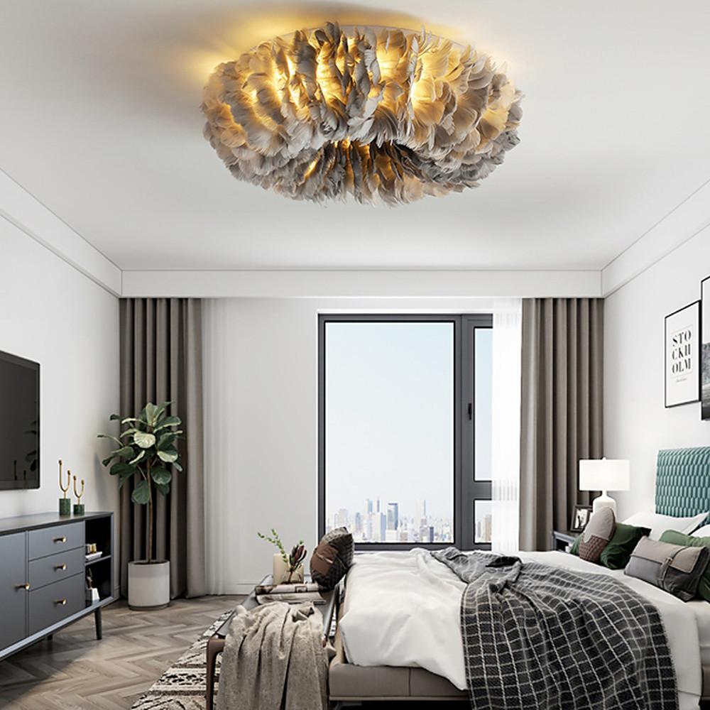 Modern Round Feather LED Flush Mount Ceiling Light for Bedroom and Nursery