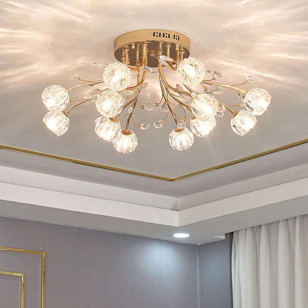 Modern Gold Glass Globe LED Flush Mount Ceiling Lamp Luxury Crystal Cluster Lighting Fixture