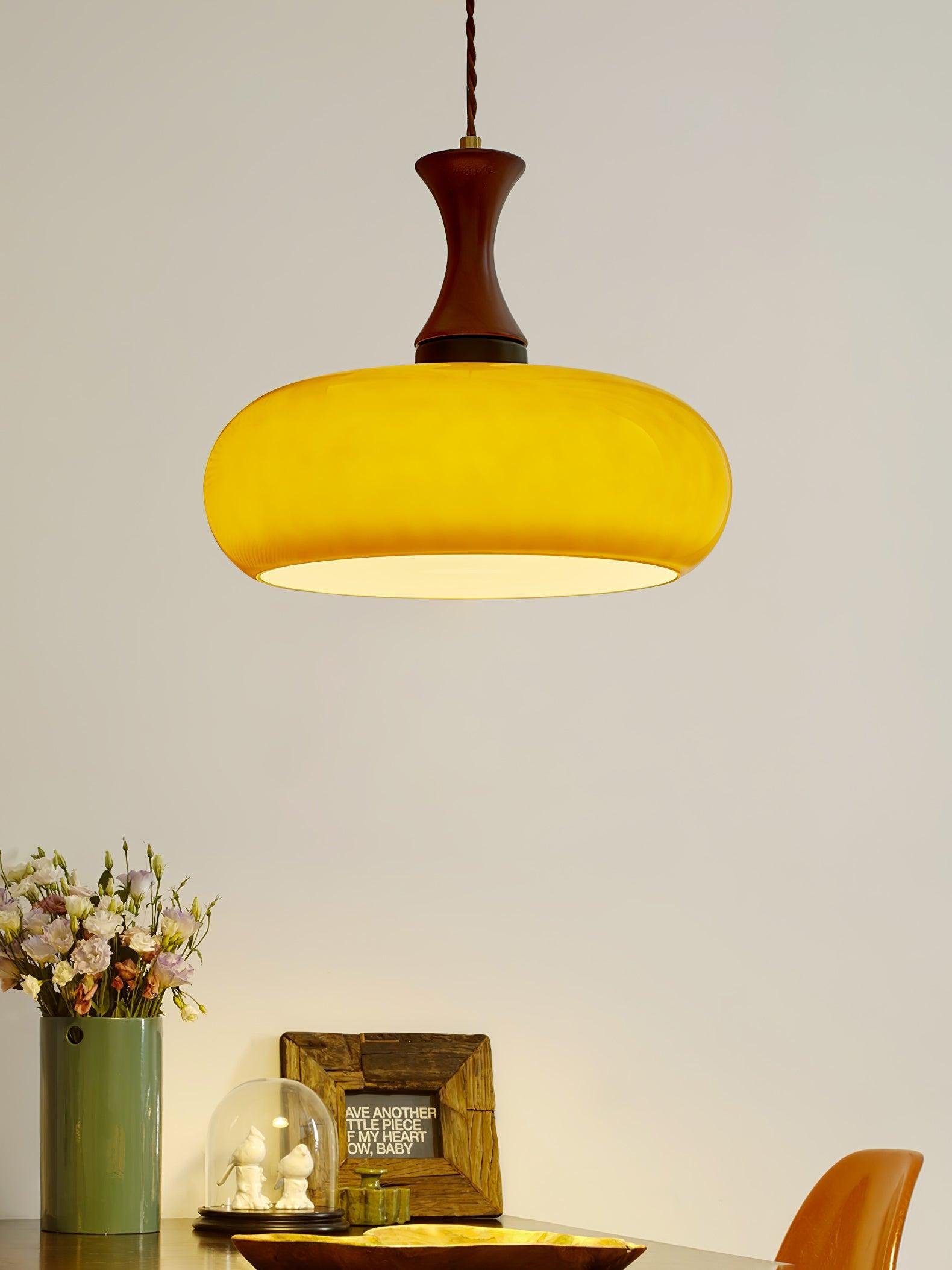 Quadri Foglio Wooden Pendant Light with Yellow Glass Shade and Adjustable Height for Modern Home Decor