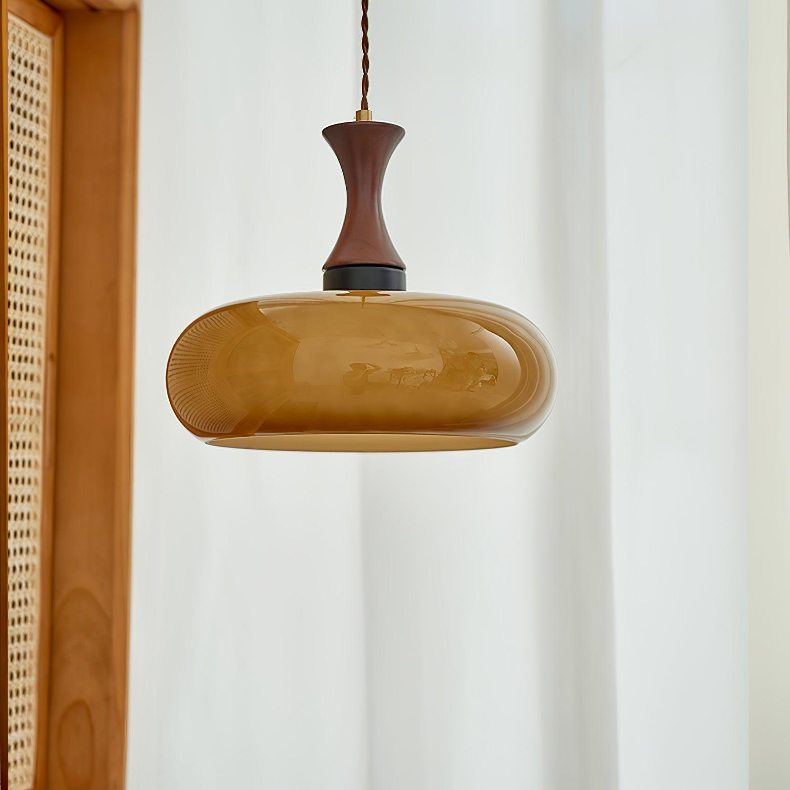 Quadri Foglio Wooden Pendant Light with Yellow Glass Shade and Adjustable Height for Modern Home Decor