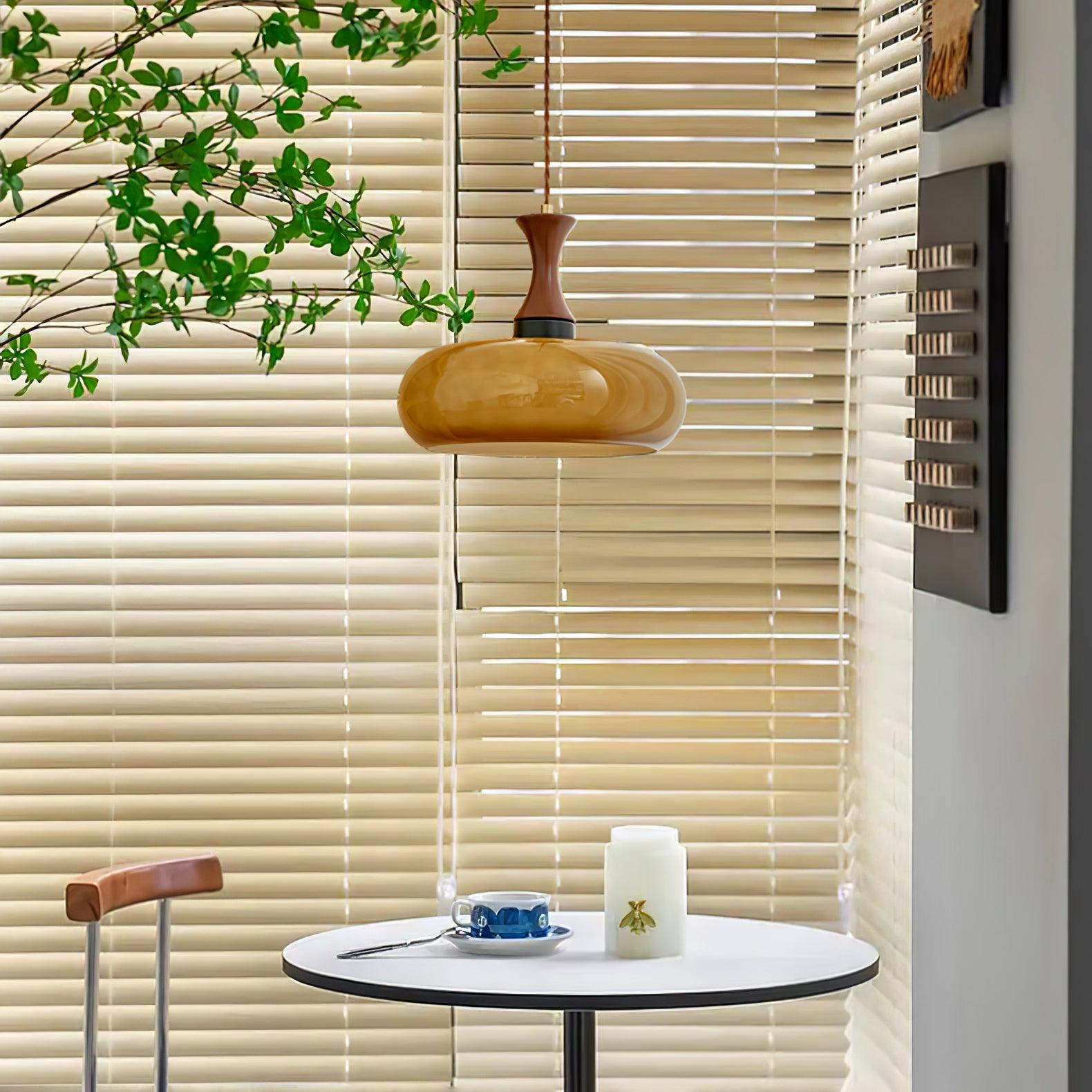 Quadri Foglio Wooden Pendant Light with Yellow Glass Shade and Adjustable Height for Modern Home Decor