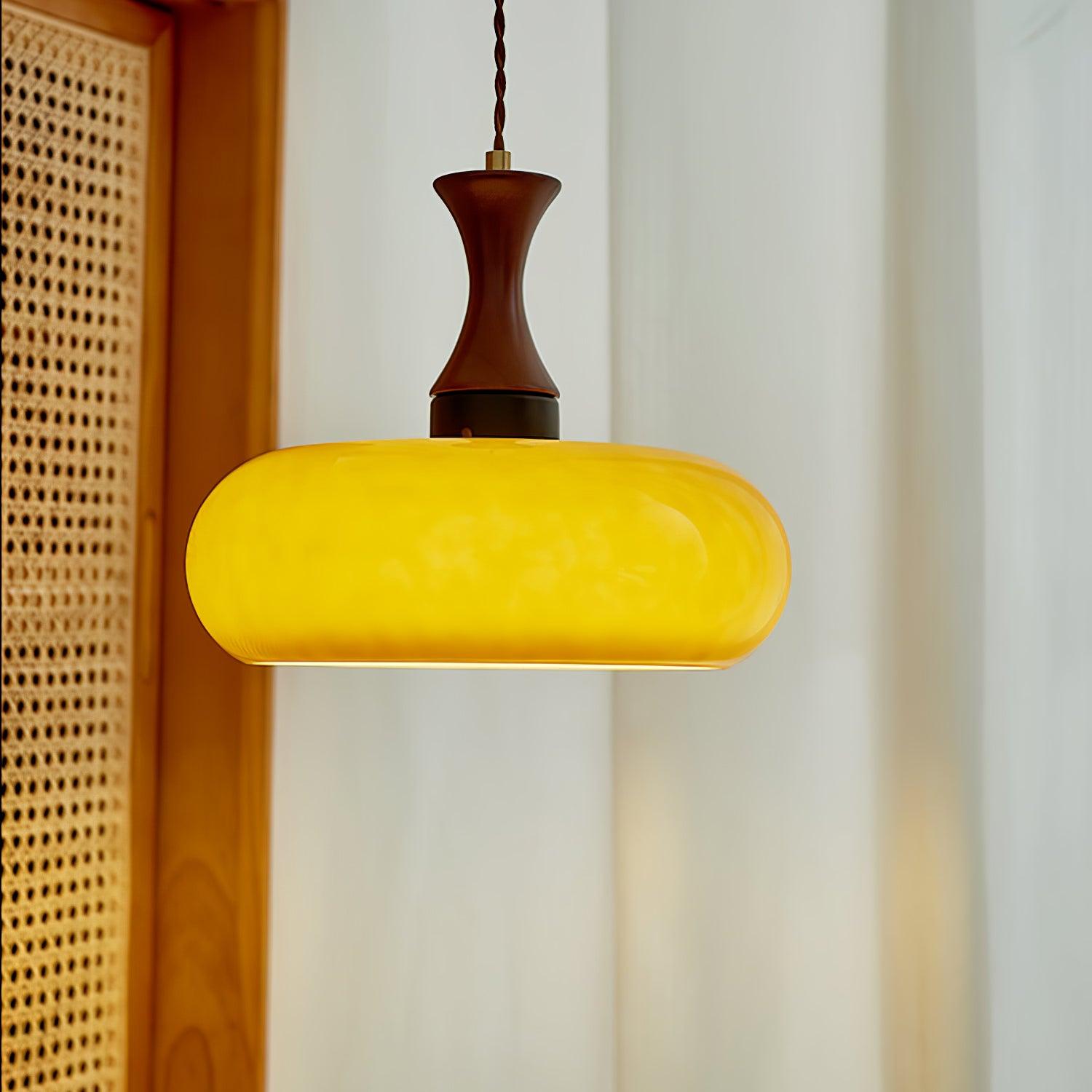 Quadri Foglio Wooden Pendant Light with Yellow Glass Shade and Adjustable Height for Modern Home Decor