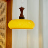 Quadri Foglio Wooden Pendant Light with Yellow Glass Shade and Adjustable Height for Modern Home Decor
