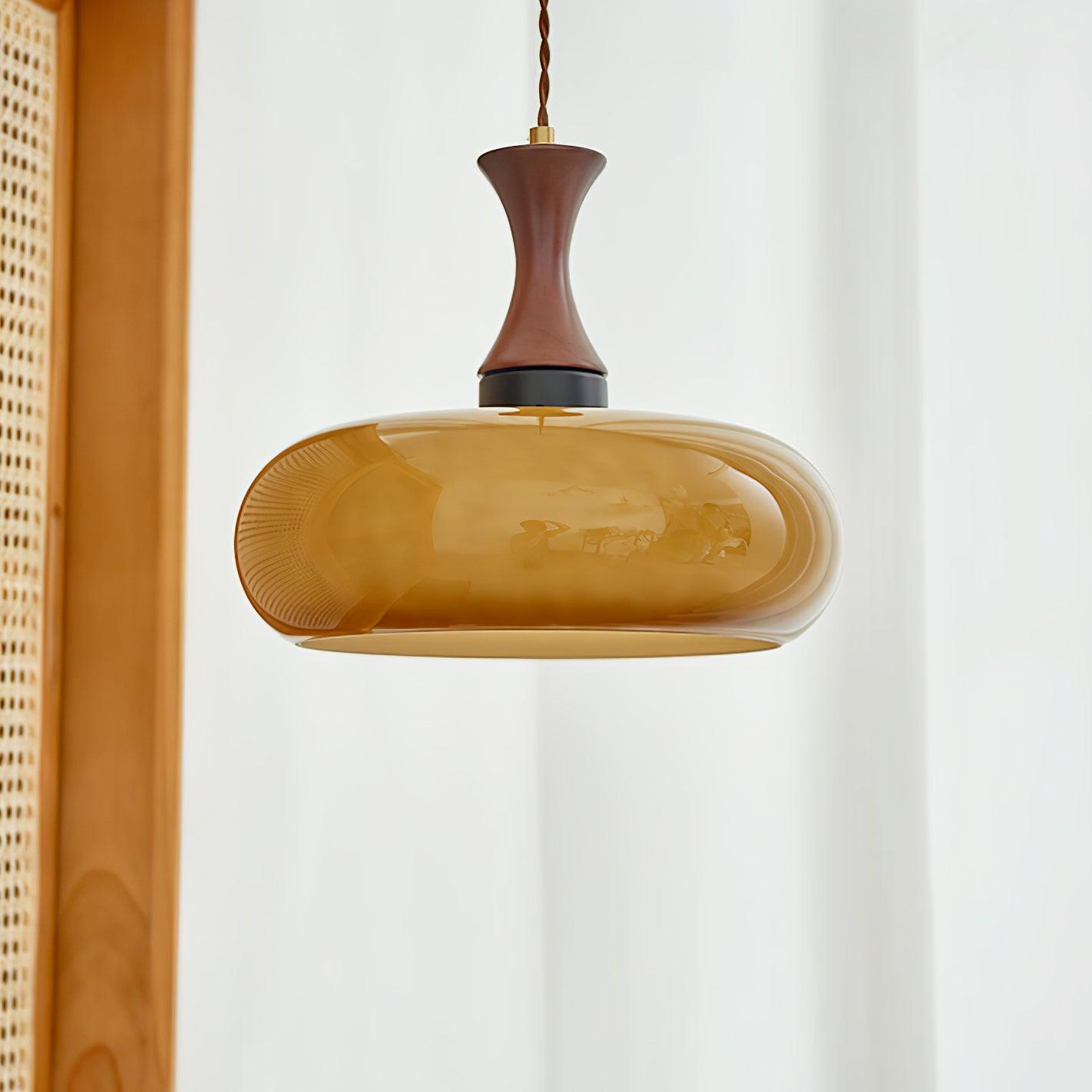 Quadri Foglio Wooden Pendant Light with Yellow Glass Shade and Adjustable Height for Modern Home Decor
