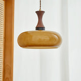 Quadri Foglio Wooden Pendant Light with Yellow Glass Shade and Adjustable Height for Modern Home Decor