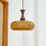 Quadri Foglio Wooden Pendant Light with Yellow Glass Shade and Adjustable Height for Modern Home Decor