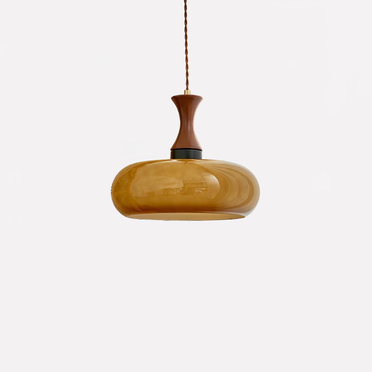 Quadri Foglio Wooden Pendant Light with Yellow Glass Shade and Adjustable Height for Modern Home Decor