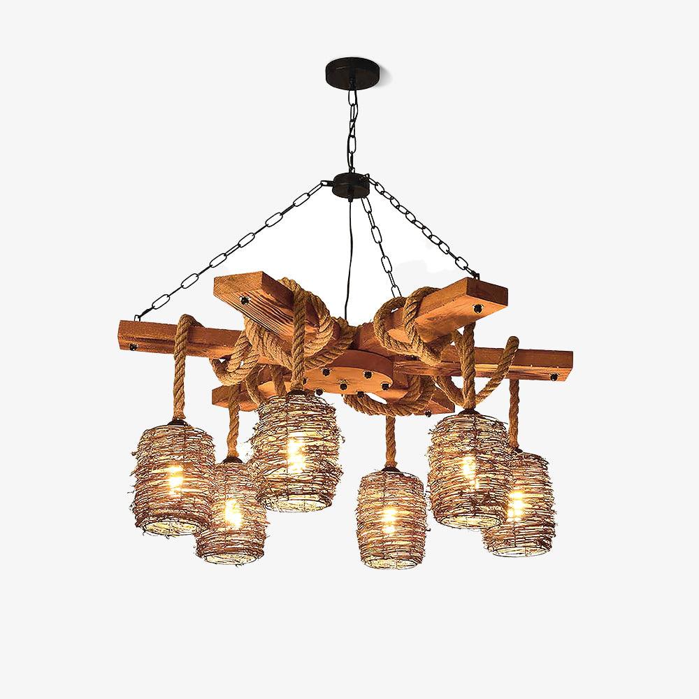 Rattan Wood Farmhouse Chandelier Rustic Vintage Pendant Hanging Light Fixture