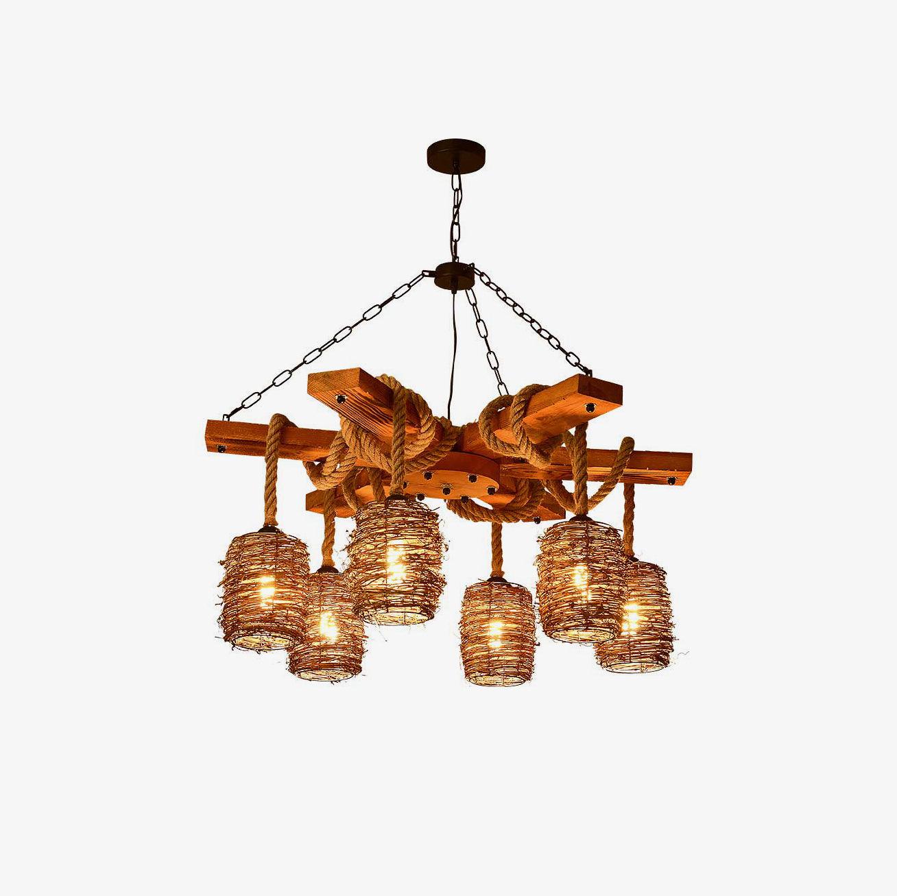 Rattan Wood Farmhouse Chandelier Rustic Vintage Pendant Hanging Light Fixture