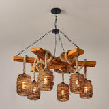 Rattan Wood Farmhouse Chandelier Rustic Vintage Pendant Hanging Light Fixture