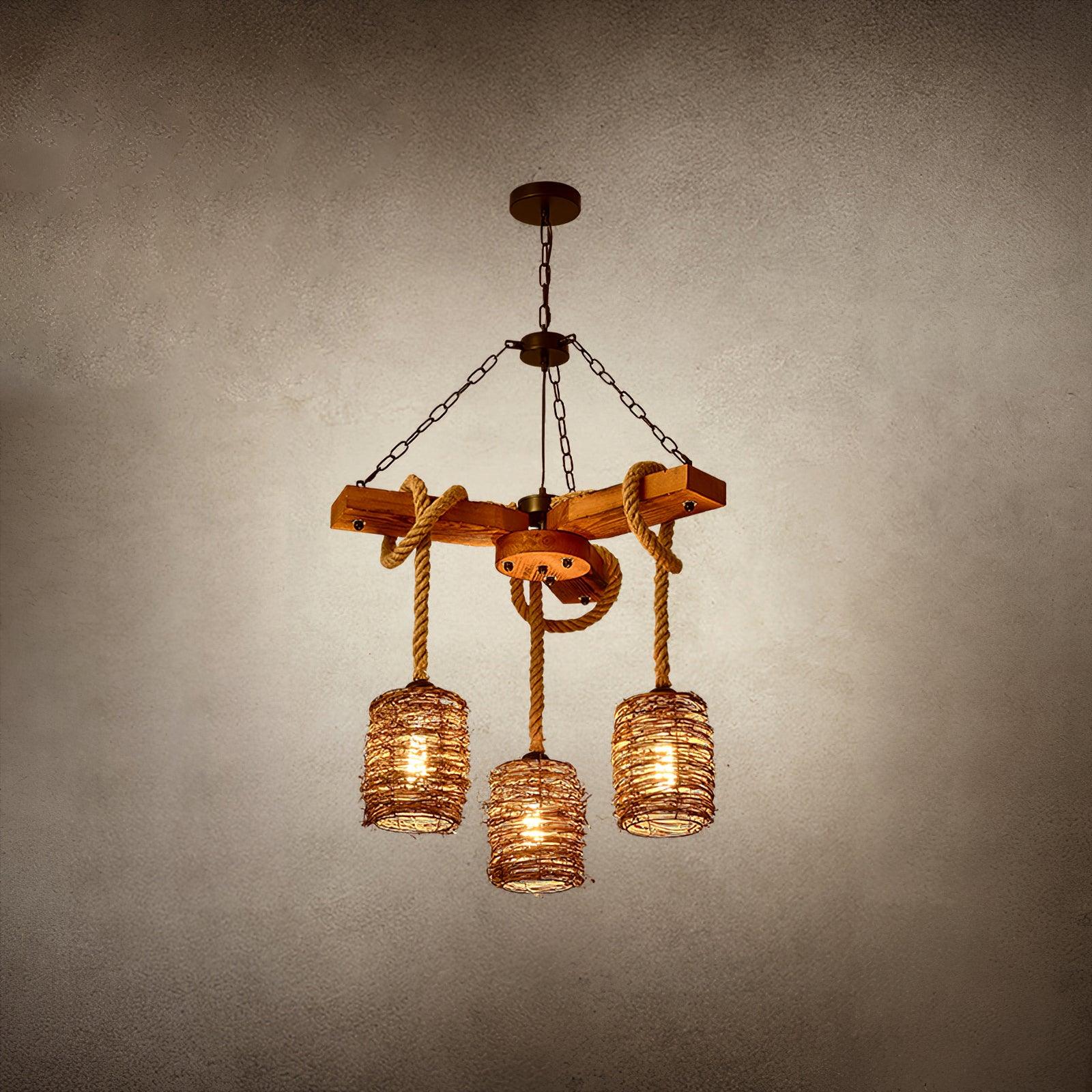 Rattan Wood Farmhouse Chandelier Rustic Vintage Pendant Hanging Light Fixture