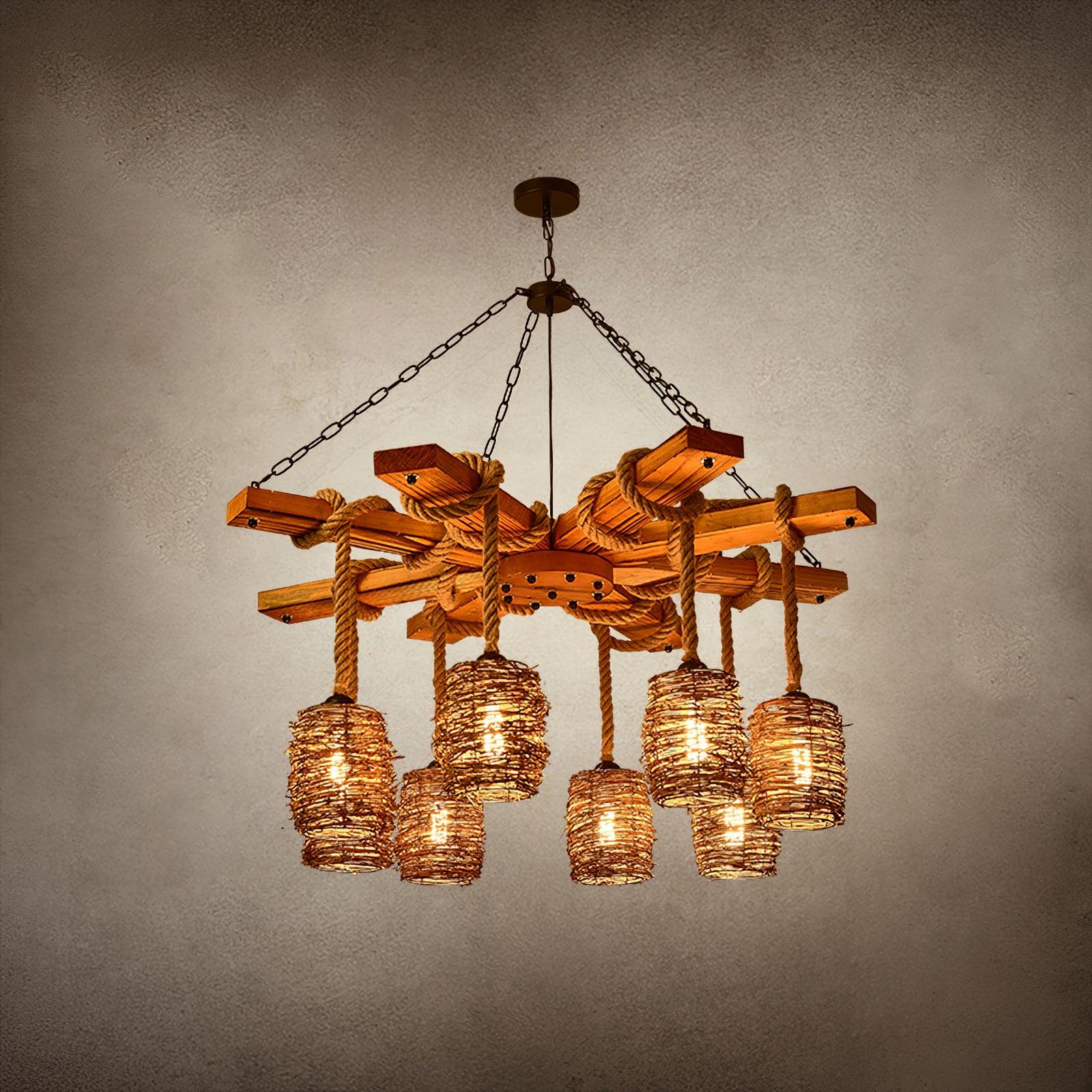 Rattan Wood Farmhouse Chandelier Rustic Vintage Pendant Hanging Light Fixture