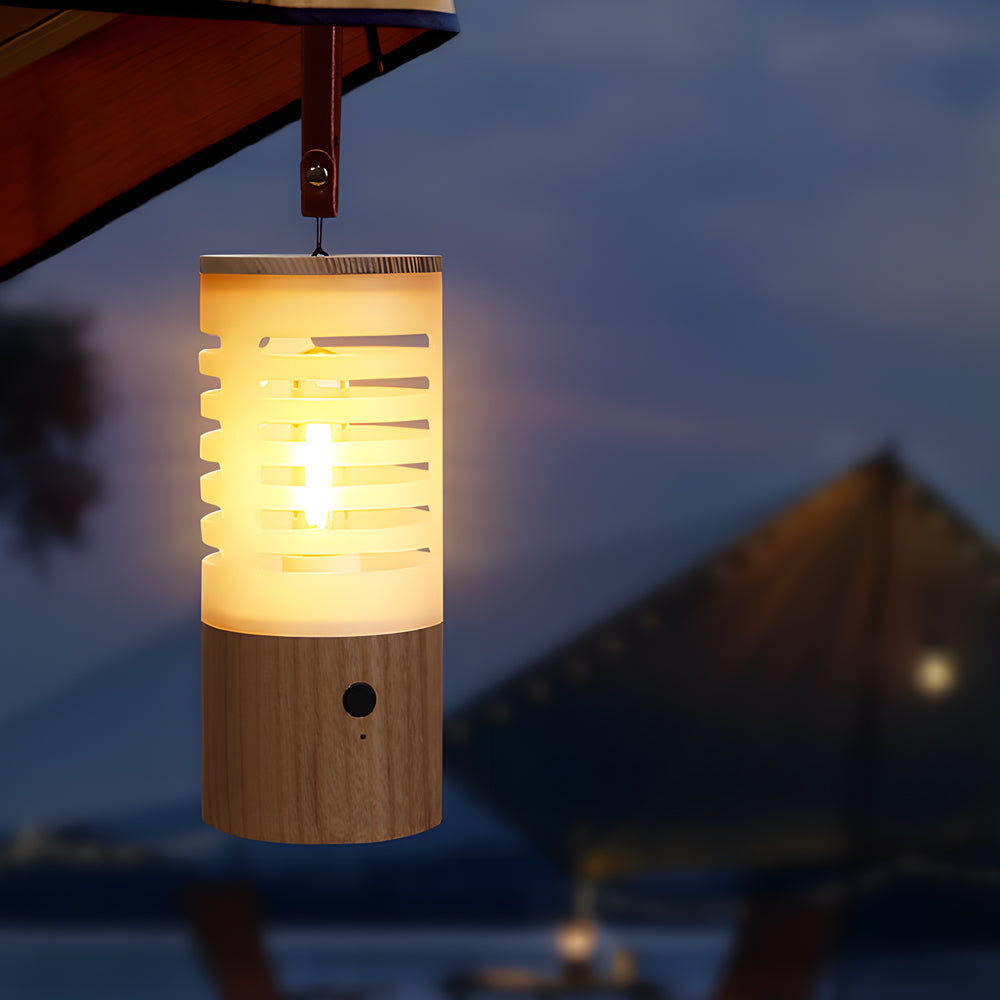Rechargeable LED Camping Lantern with Ash Wood Base Portable USB Outdoor Light for Garden and Travel