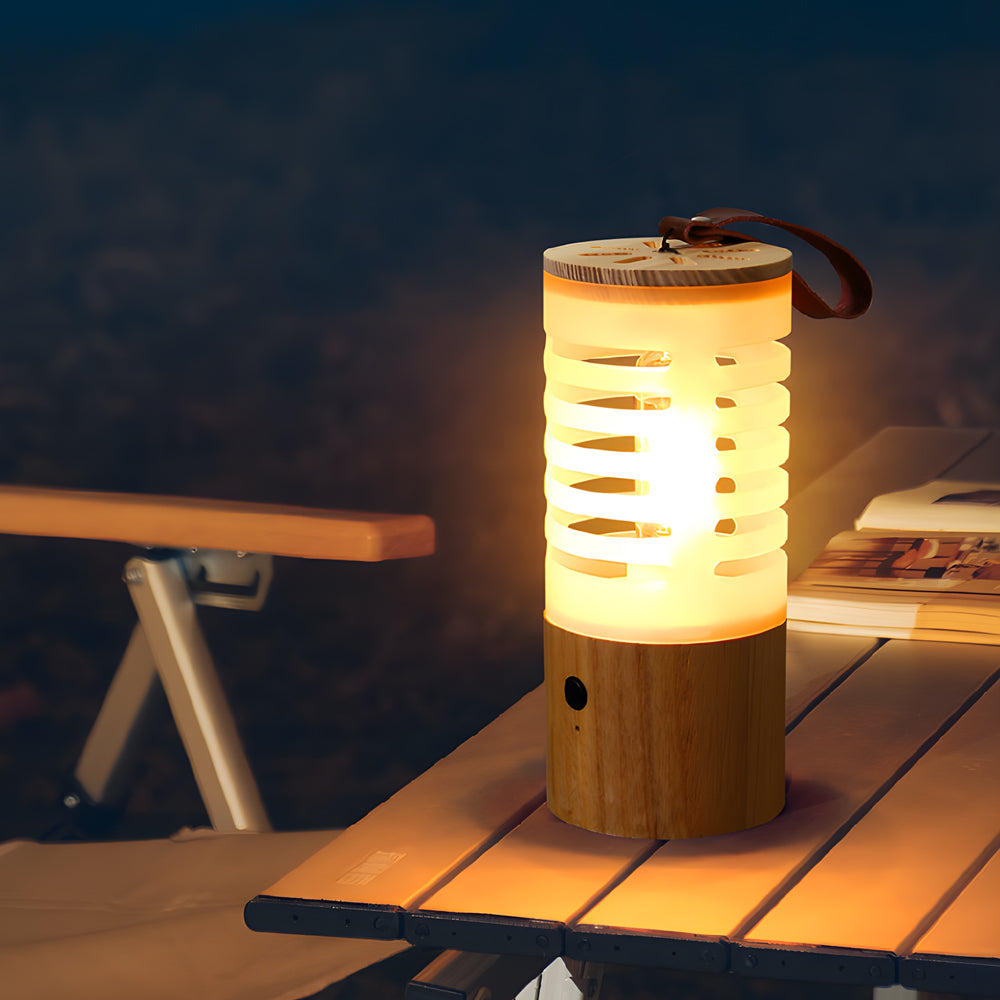 Rechargeable LED Camping Lantern with Ash Wood Base Portable USB Outdoor Light for Garden and Travel