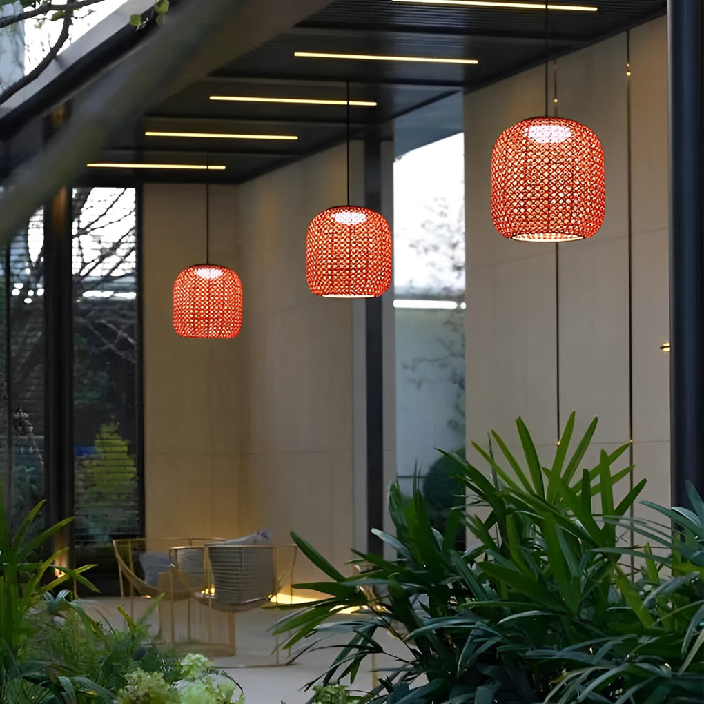 Red Rattan Outdoor Chandelier Waterproof LED Pendant Light for Garden and Patio