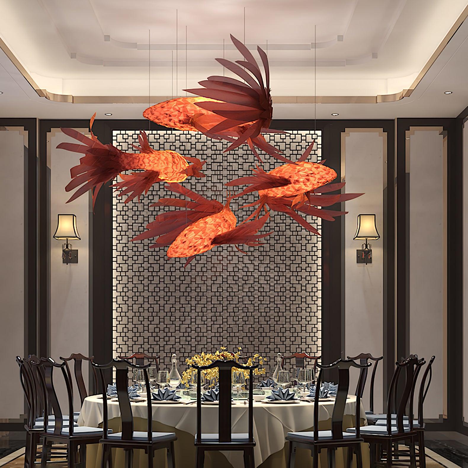 Red Wood Koi Swirl Pendant Light Large Modern Organic Shape LED Chandelier