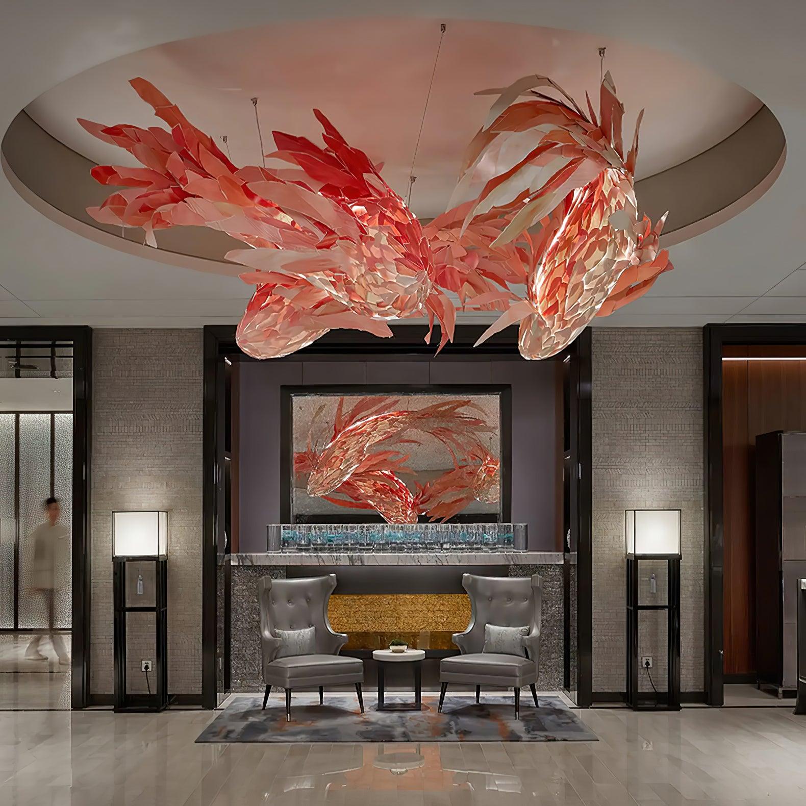 Red Wood Koi Swirl Pendant Light Large Modern Organic Shape LED Chandelier