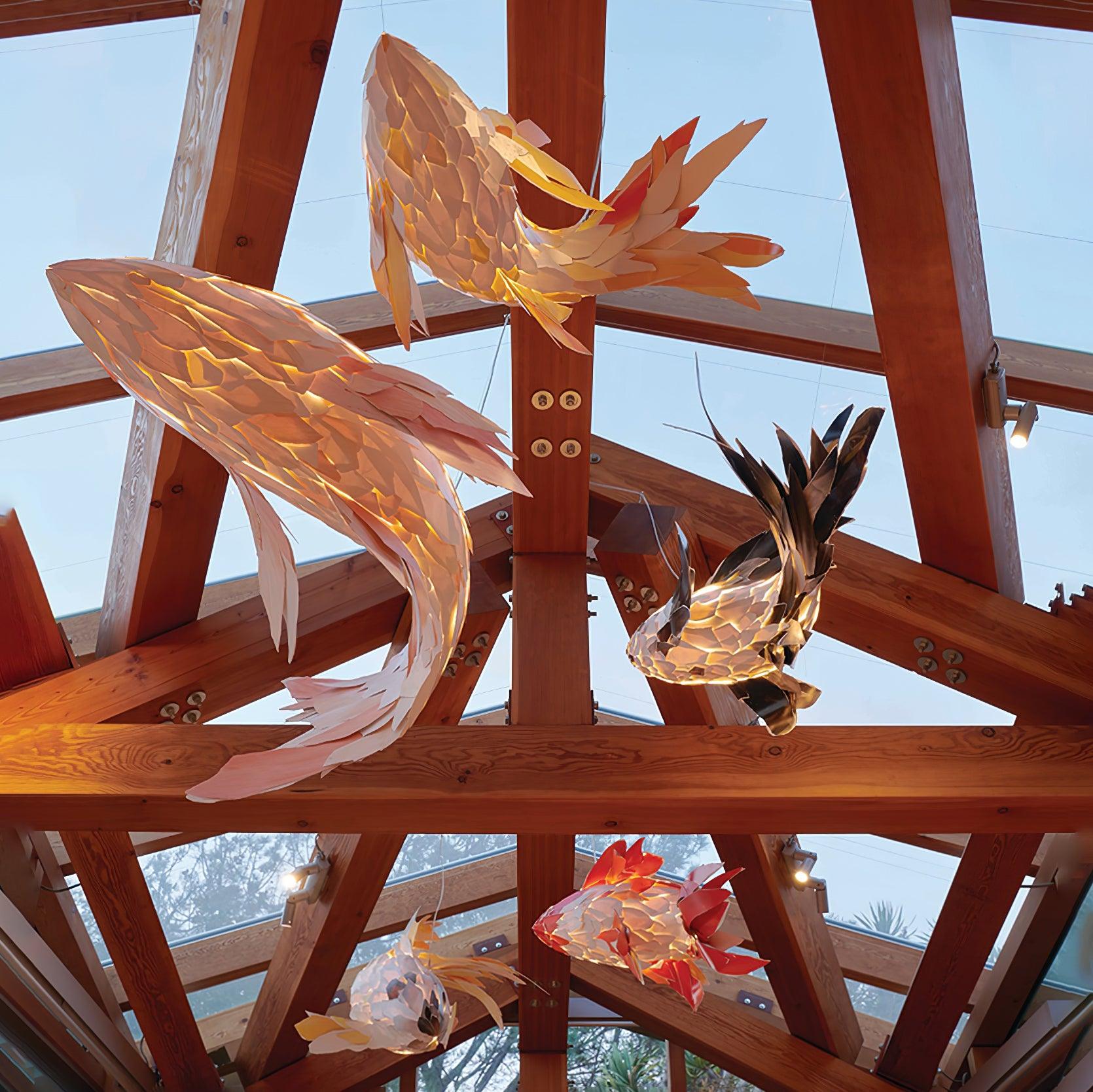 Red Wood Koi Swirl Pendant Light Large Modern Organic Shape LED Chandelier