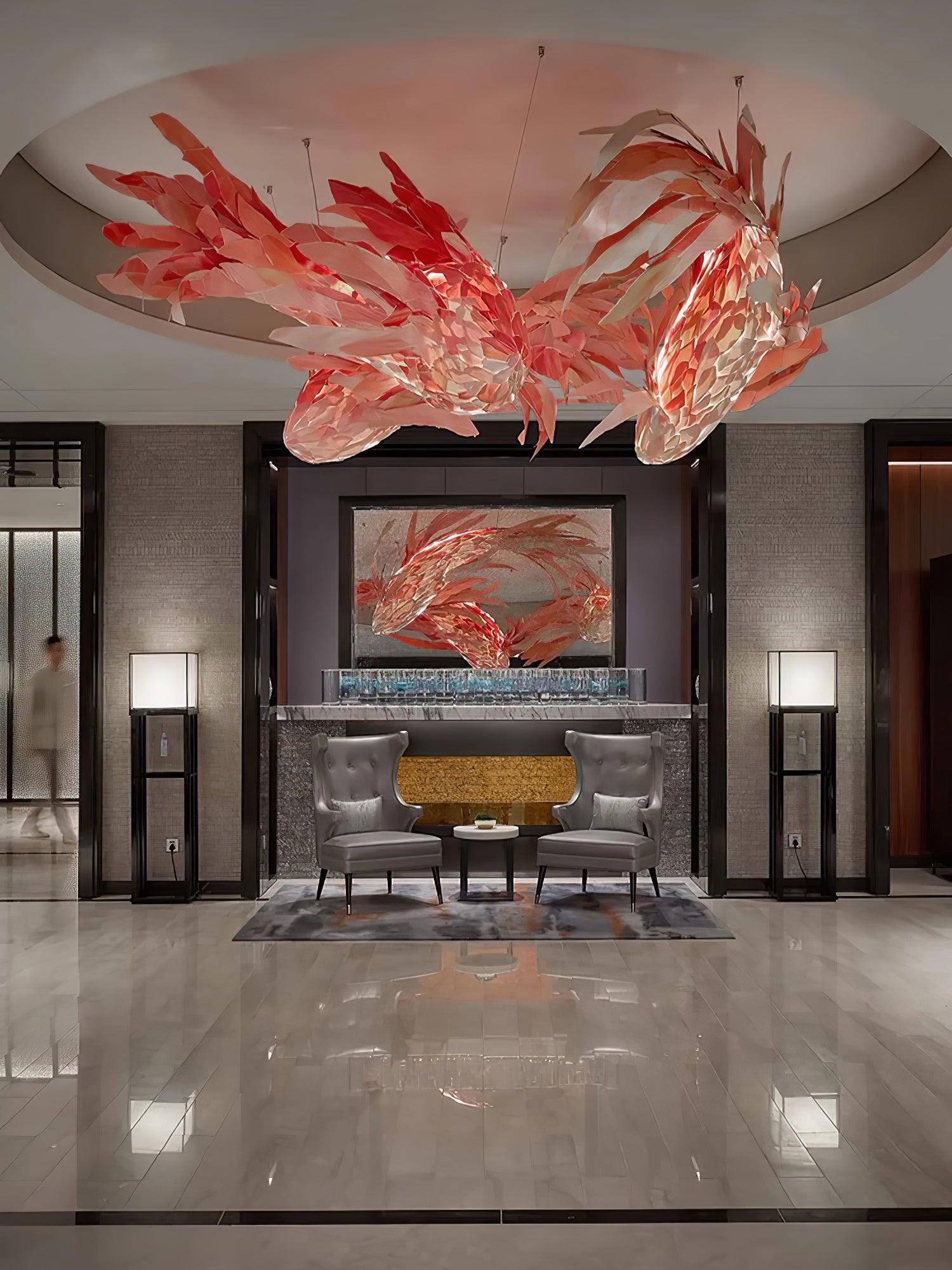 Red Wood Koi Swirl Pendant Light Large Modern Organic Shape LED Chandelier