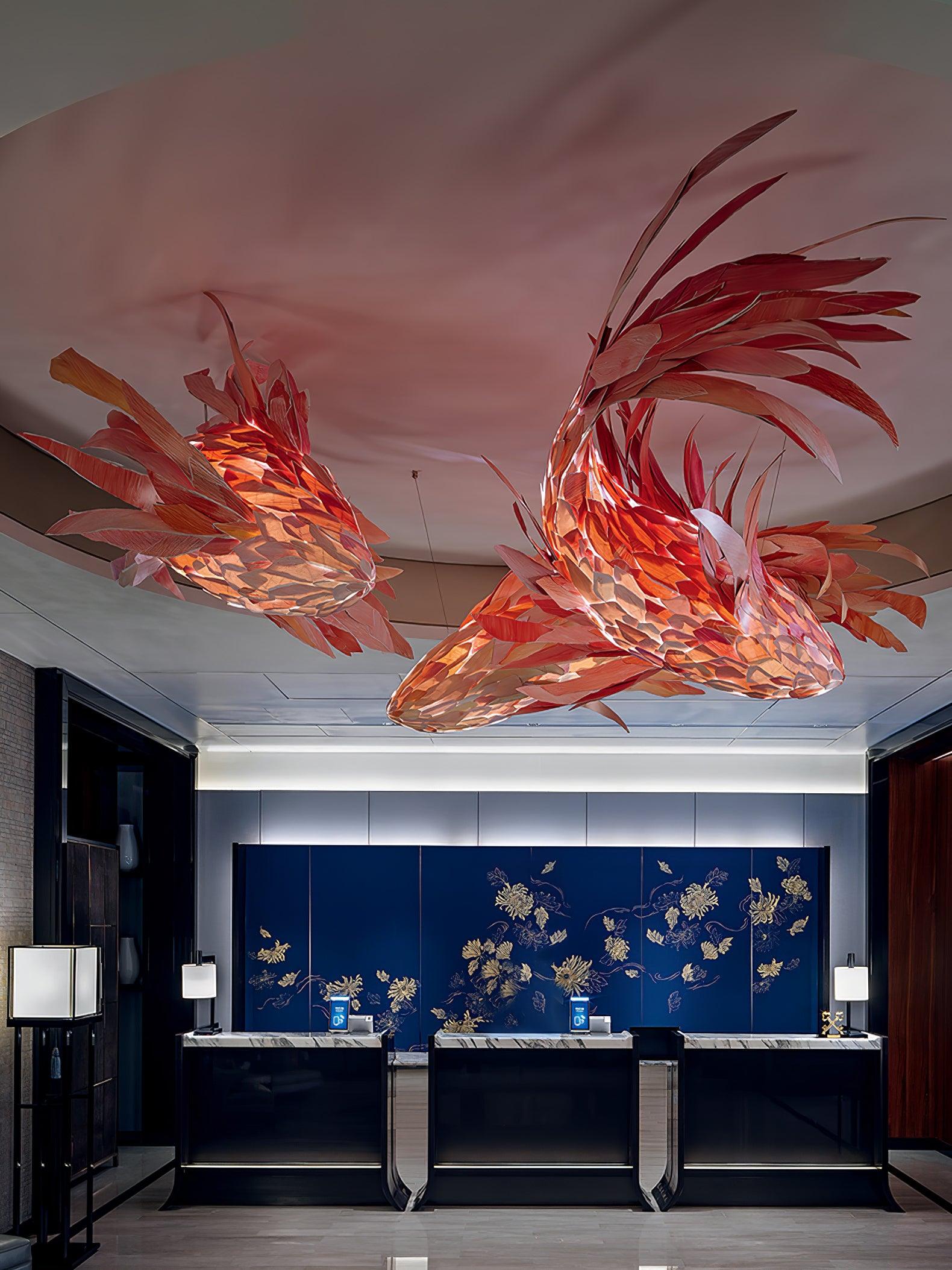 Red Wood Koi Swirl Pendant Light Large Modern Organic Shape LED Chandelier