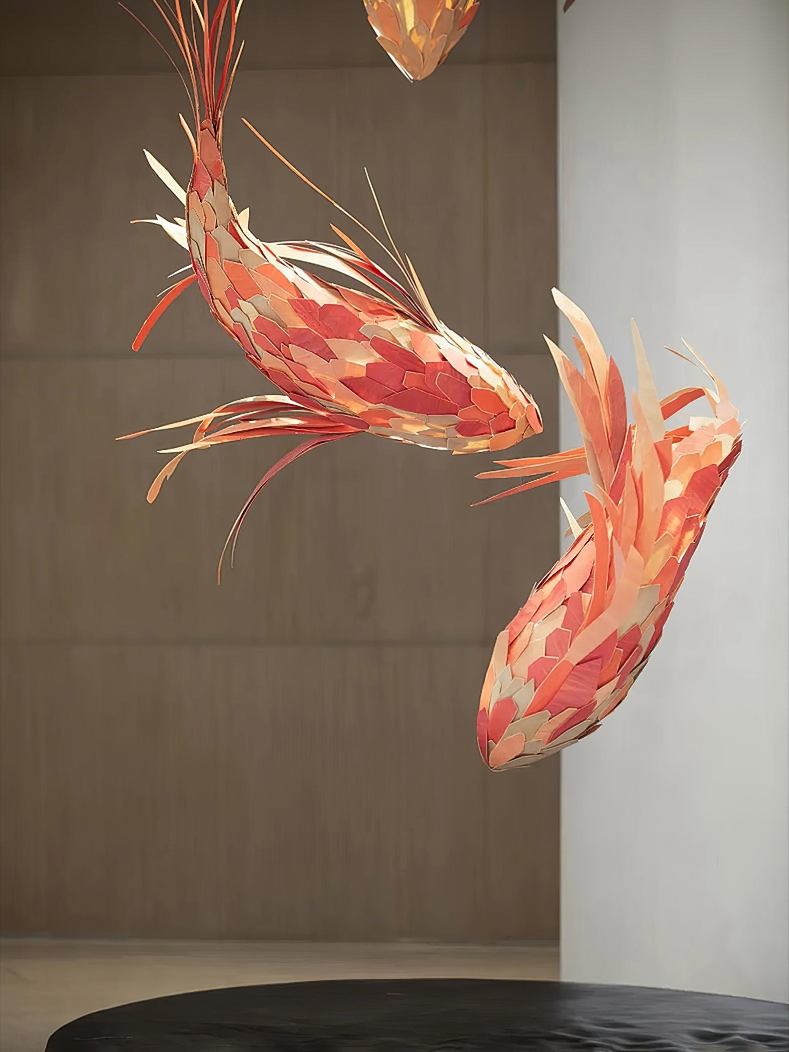 Red Wood Koi Swirl Pendant Light Large Modern Organic Shape LED Chandelier