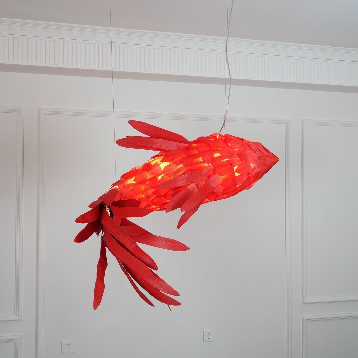 Red Wood Koi Swirl Pendant Light Large Modern Organic Shape LED Chandelier