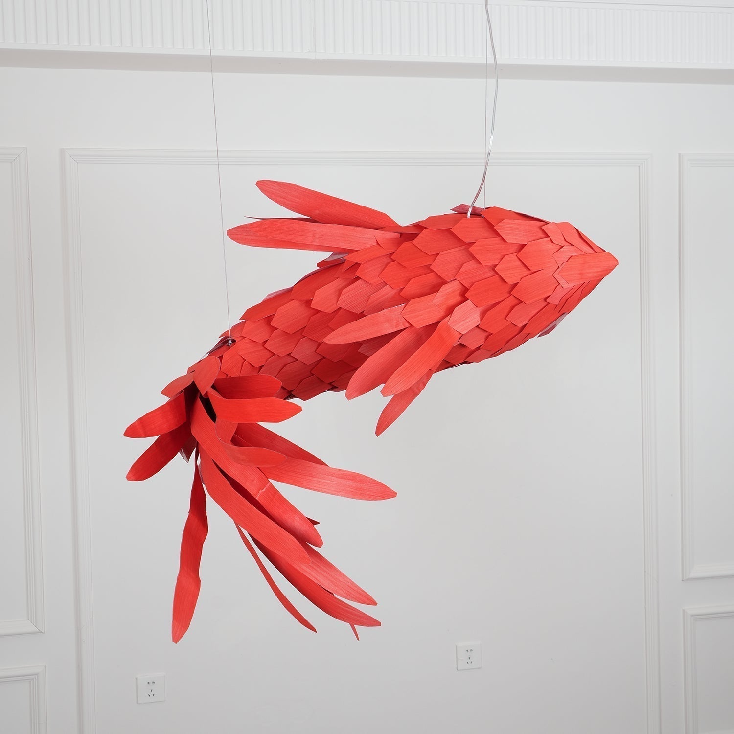 Red Wood Koi Swirl Pendant Light Large Modern Organic Shape LED Chandelier